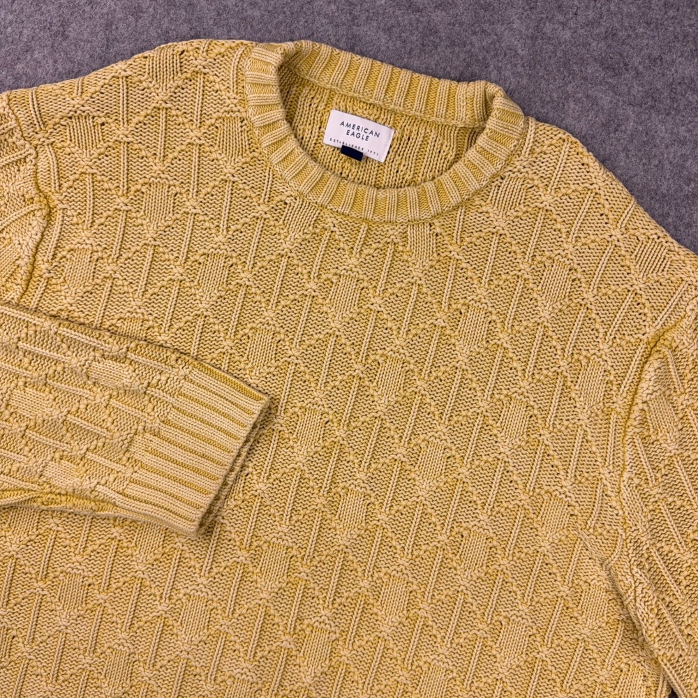 American Eagle Sweater Mens 2XL Yellow Mustard Cable Knit Cotton Pullover Crew